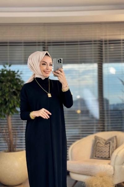 130 Önü Boyuna Çizgi Detaylı Triko Elbise Siyah