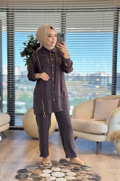 1387 Kolları Kendinden Desenli Takım Kahve