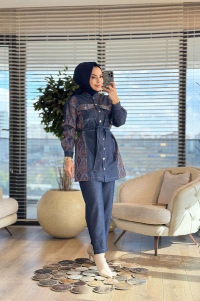 1397 Tencel Kol Ve Yanları Desenli Takım Lacivert Bordo