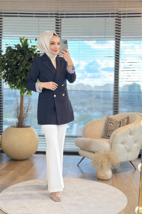 14-1152 Manşeti Desenli Ceket Siyah