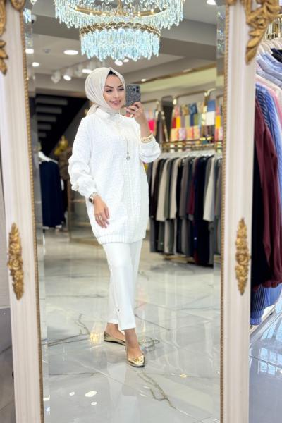 14-1158 Kabartma Desen Ceket Ekru