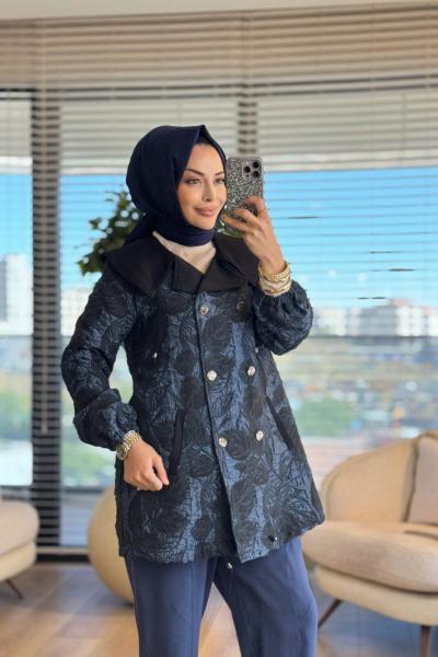 14-1159 Kabartma Desenli Altı Düğmeli Ceket İndigo