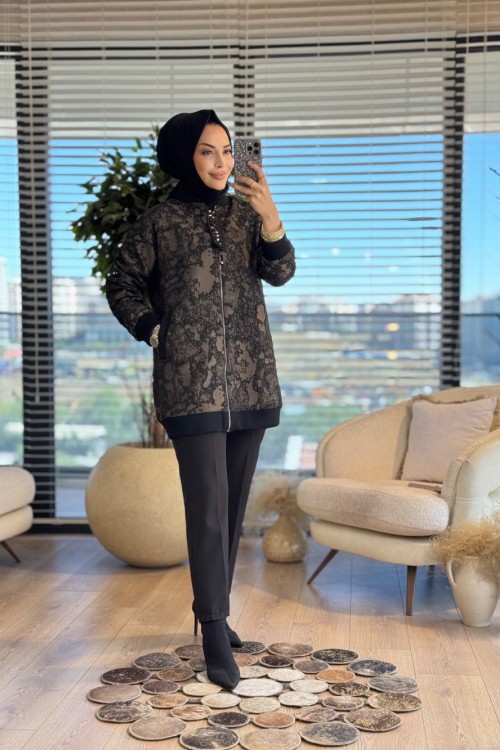 14-1161 Kabartma Desen Fermuarlı Ceket Vizon