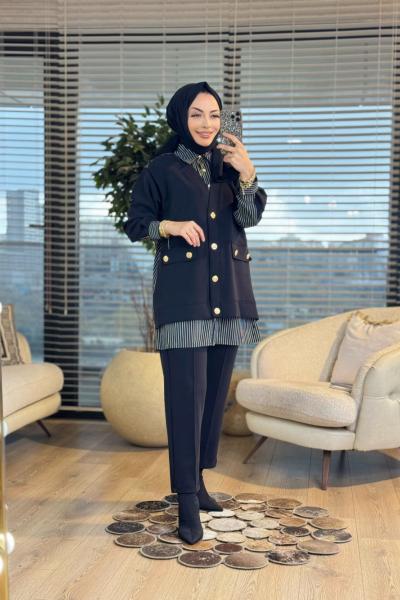 1405 Gömlek Üstü Yelek Detaylı Takım Siyah