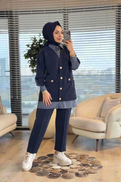 1405 Gömlek Üstü Yelek Detaylı Takım Lacivert