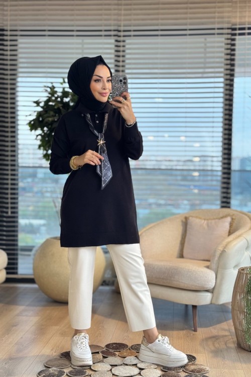 140506 Korsman Flarlı Triko Tunik Siyah