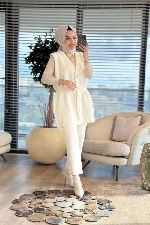 140508 Angora Uzun Yelek Ekru