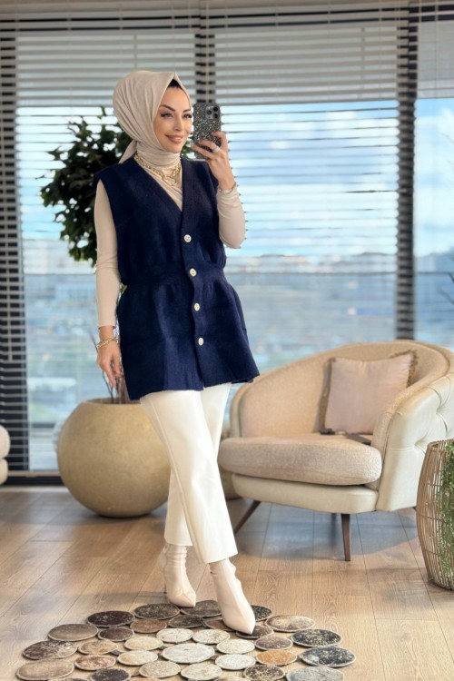 140508 Angora Uzun Yelek Lacivert