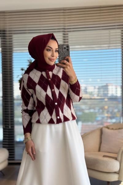 140509 Baklava Desen Kısa Hırka Bordo