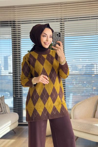 140542 Baklava Desenli Simli Tunik Kahve