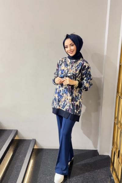 1418 Leopar Desen Tunik Bej Fuşya