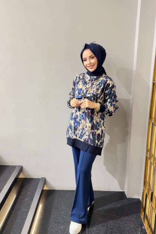 1418 Leopar Desen Tunik Bej Fuşya