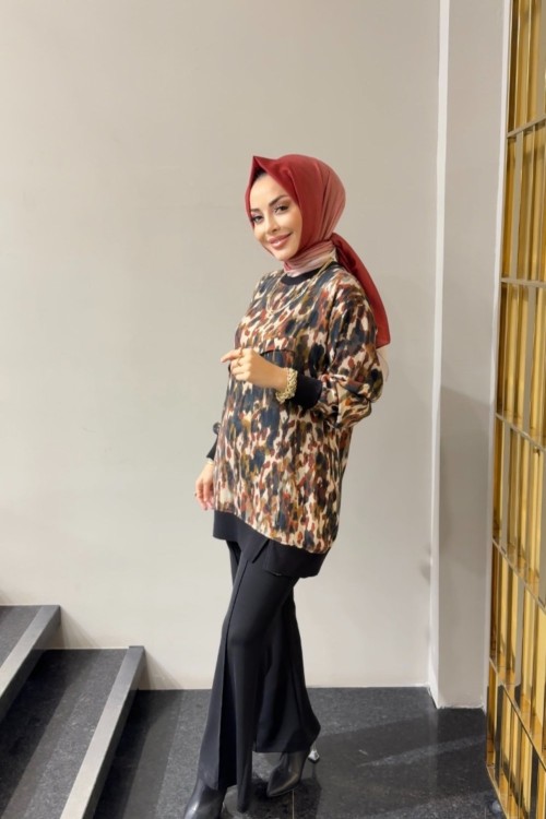 1418 Leopar Desen Tunik Bej Kahve