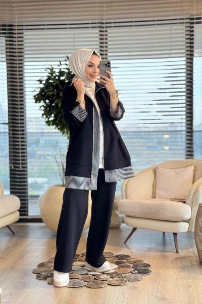 14383 Etek Ucu Ve Manşeti Çizgili Takım Siyah