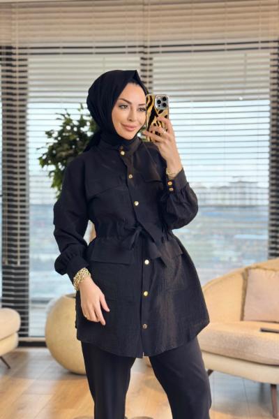 14451 Ön Ve Kolu Gofre Detaylı Takım Siyah