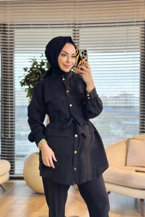 14451 Ön Ve Kolu Gofre Detaylı Takım Siyah