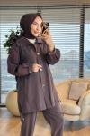 14452 Kolu Gofre Kumaş Arka Düğmeli Takım Kahve