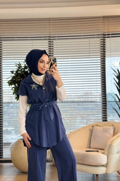14454 Üst Yelek Ön Çıtçıtlı Broşlu Takım Lacivert