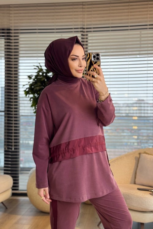 14456 Önü Saten Şerit Detaylı Takım Bordo