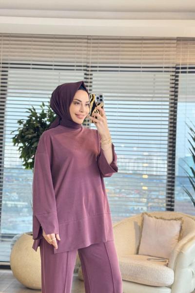 14457 Etek Ucu Parça Yırtmaçlı Takım Mürdüm