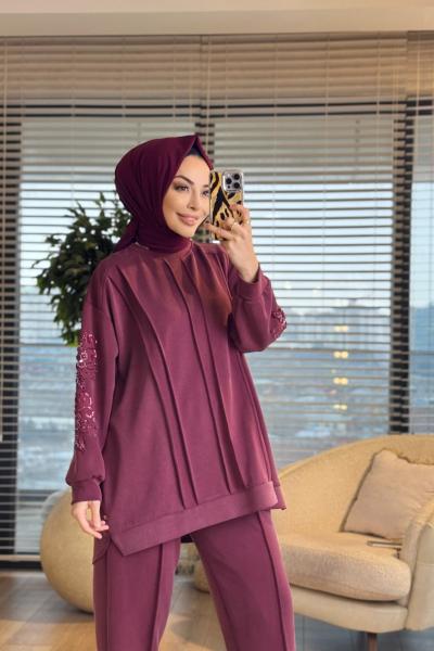 1447 Kolları Pul Payet İşlemeli Takım Mürdüm