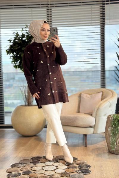 145120 Angora İnci Taş İşlemeli Hırka Kahve