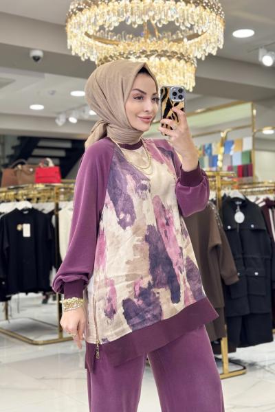 1455 Ön Arka Desenli Yandan Fermuarlı Takım Mürdüm