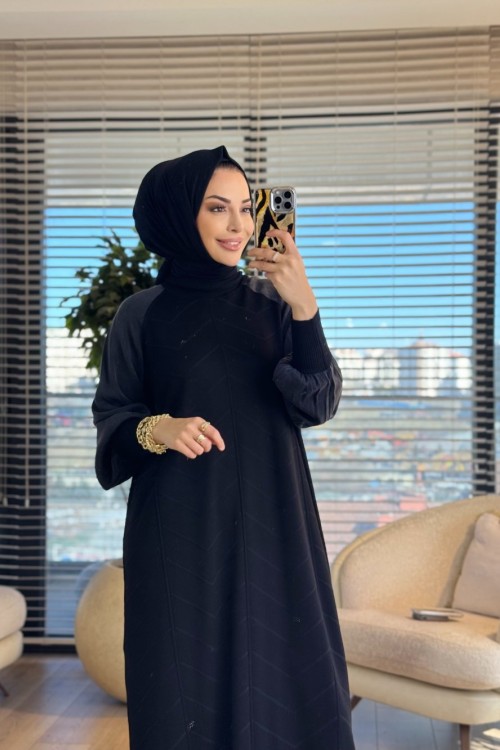 148 Ön V Dikişli Kolu Kumaş Triko Elbise Siyah