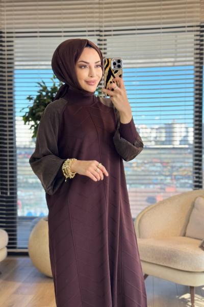 148 Ön V Dikişli Kolu Kumaş Triko Elbise Kahve