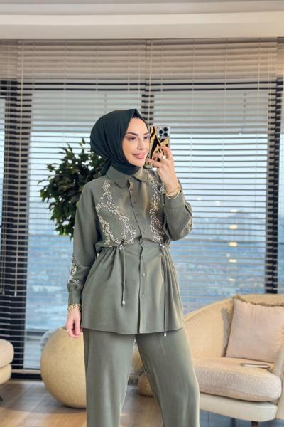 1490 Ön Kolu Boncuk İşlemeli Takım Haki