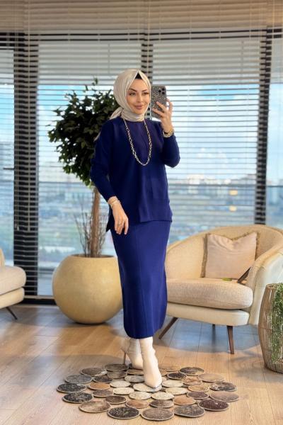 14900-1 Ön Tek Çizgili Triko Etekli Takım Lacivert