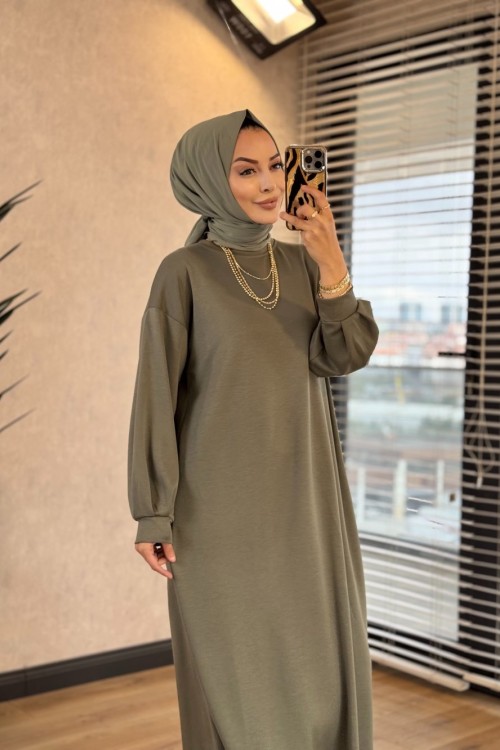 1506 Kolu Manşetli Osyho Elbise Haki