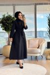 1508 Önü Uzun Kuşaklı Elbise Siyah