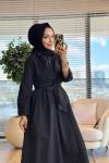 1508 Önü Uzun Kuşaklı Elbise Siyah