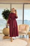 1508 Önü Uzun Kuşaklı Elbise Bordo