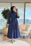 1508 Önü Uzun Kuşaklı Elbise Lacivert