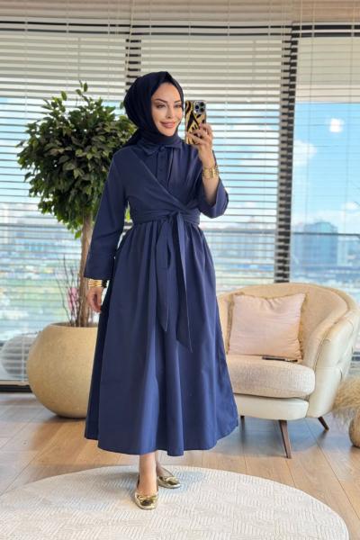 1508 Önü Uzun Kuşaklı Elbise Lacivert