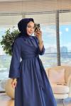 1508 Önü Uzun Kuşaklı Elbise Lacivert