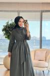 1508 Önü Uzun Kuşaklı Elbise Haki