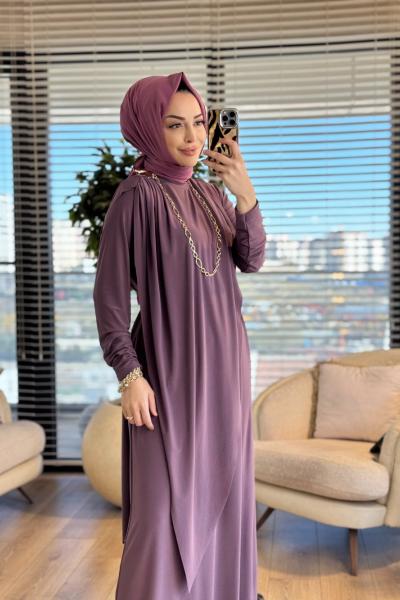 1513 Üstleri Üçgen Pelerinli Elbise Gül