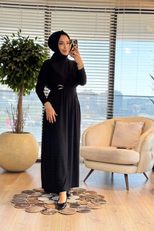 1514 Viona Yan Tokalı Sandy Elbise Siyah