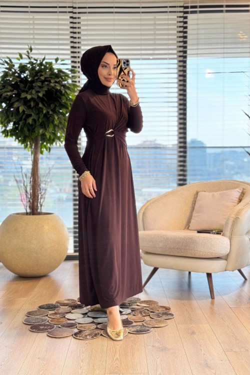 1514 Viona Yan Tokalı Sandy Elbise Kahve