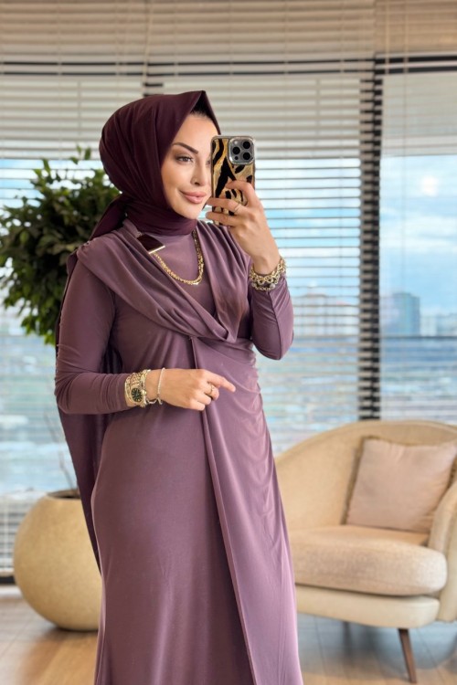 1515 Asil Pelerinli Tokalı Sandy Elbise Gül