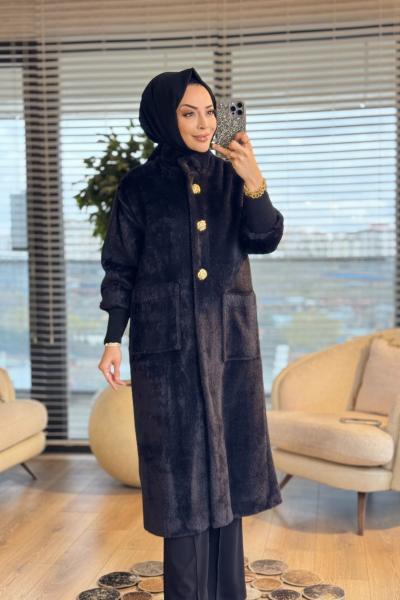 15231 Angora Uzun Patı Metal Düğmeli Kaban Siyah