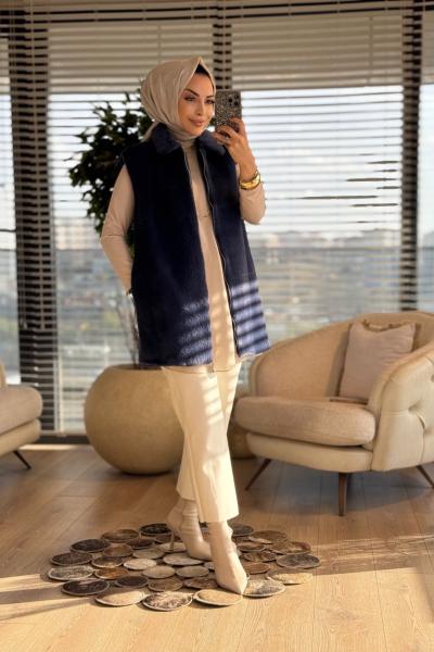 15238 Peluş Önden Fermuarlı Yelek Lacivert
