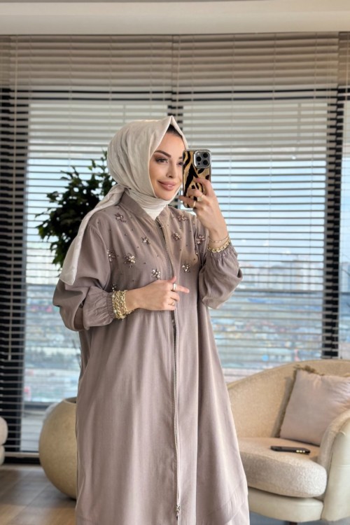 15253 Ön Taş Çiçek İşleme Cepli Fermuarlı Kap Vizon