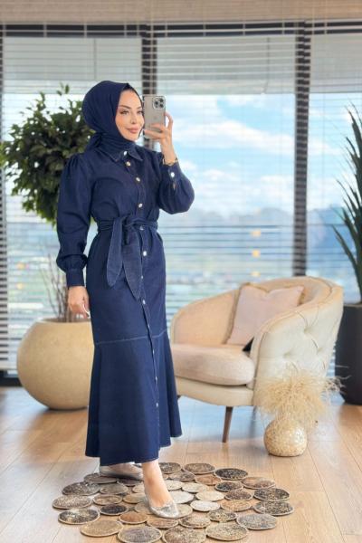 1530 Önden Düğmeli Kot Elbise Lacivert