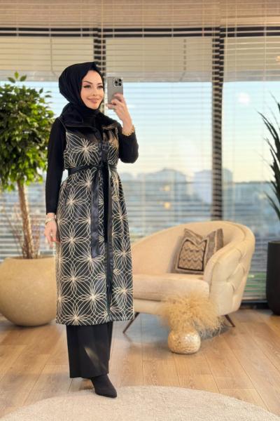 16-1105 Deri Üstü Nakışlı Yelek Siyah