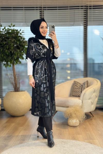 16-1106 Ön Deri Ve Dantel Detaylı Yelek Siyah