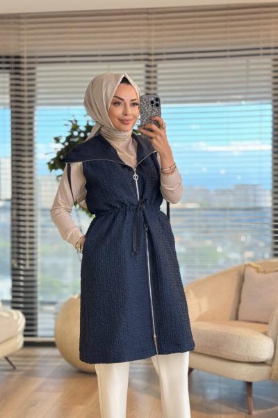 16-1119 Bürümcük Kumaş Kapşonlu Yelek Lacivert